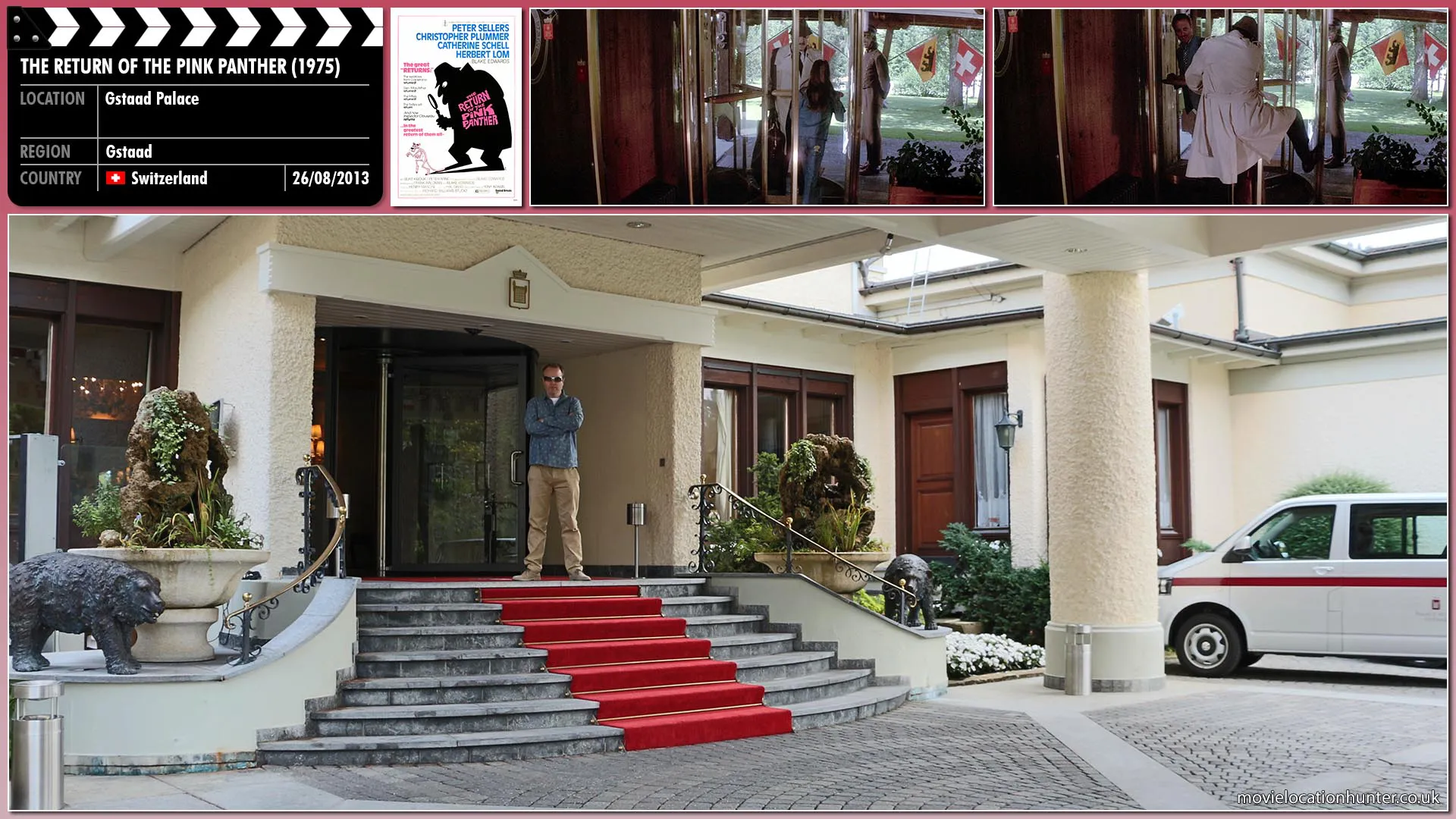 Filming location photo, shot in Switzerland, for The Return of the Pink Panther (1975). Scene description: On arrival at the hotel in Gstaad Clouseau's suitcase is trapped in the revolving door and his attempts to retrieve fail until the bellboy comes to his aid.
