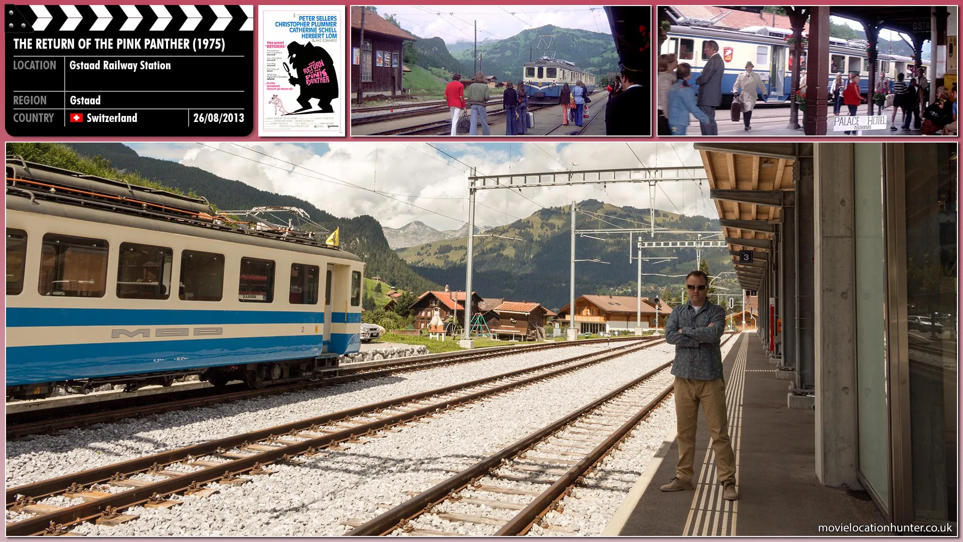 Filming location photo, shot in Switzerland, for The Return of the Pink Panther (1975). Scene description: Clouseau (Peter Sellers) follows Lady Claudine (Catherine Schell) to Switzerland.