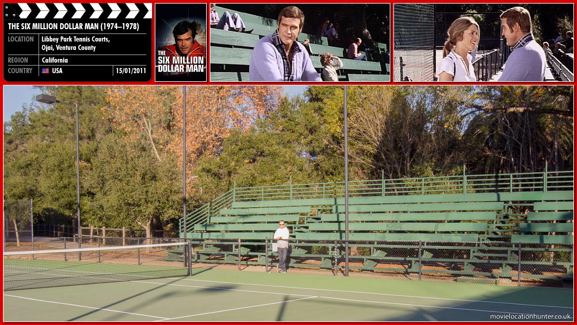 Filming location photo, shot in USA, for The Six Million Dollar Man (1974). Scene description: After arriving back in his home town Steve (Lee Majors) learns that his childhood sweetheart Jamie Sommers (Lindsay Wagner) is also in town.  He finds her playing tennis and whilst watching chats to a young girl (Dana Plato) who tells him 
