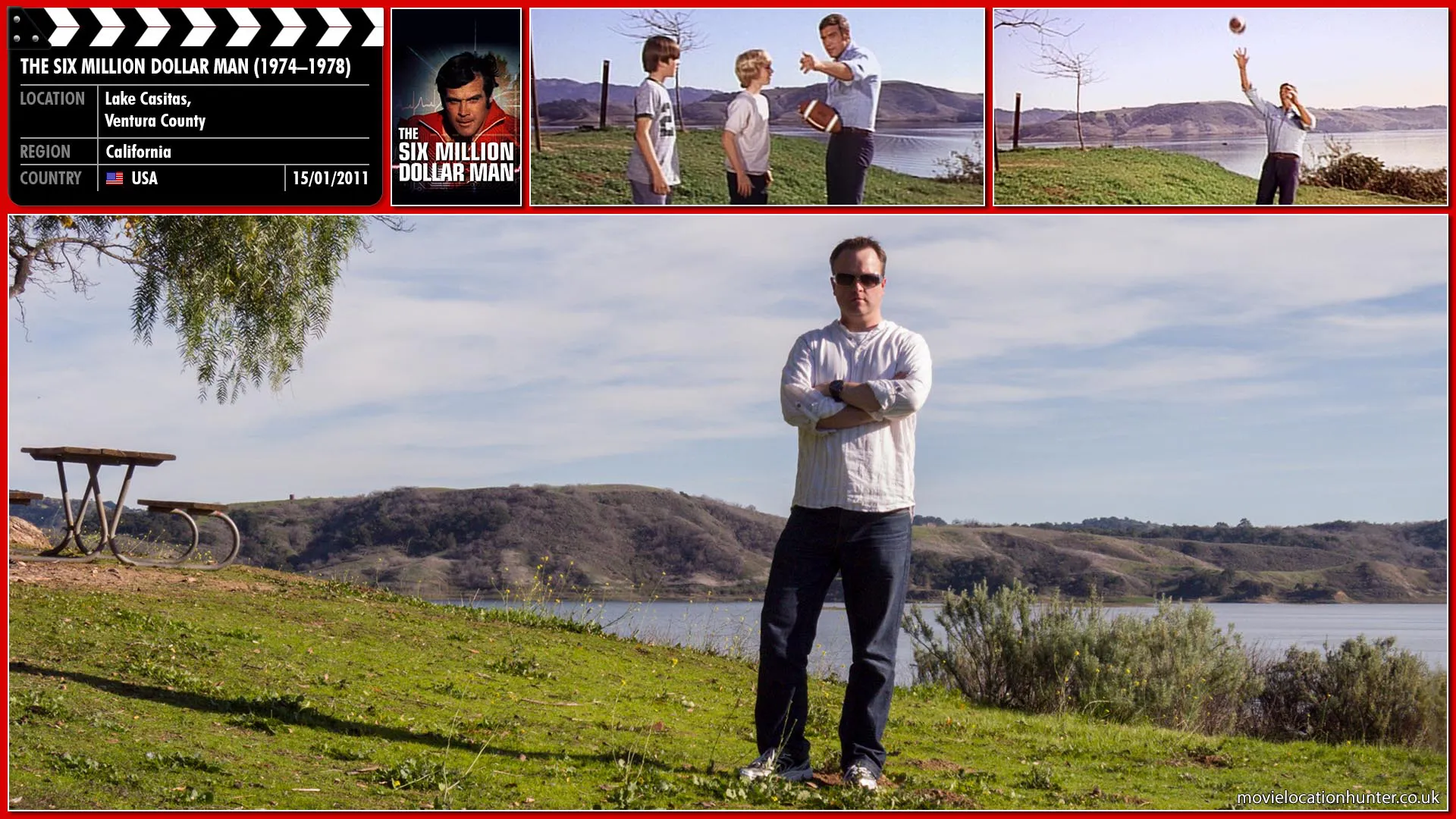 Filming location photo, shot in USA, for The Six Million Dollar Man (1974). Scene description: Steve (Lee Majors) and Jaime (Lindsay Wagner) meet up at a large stump by the lake to talk, but some boys keep throwing a football that repeatedly interrupts their flirtations and attempts to kiss.  Steve finally throws the football like a missile to get rid of the boys and he and Jaime finally get a moment to kiss.