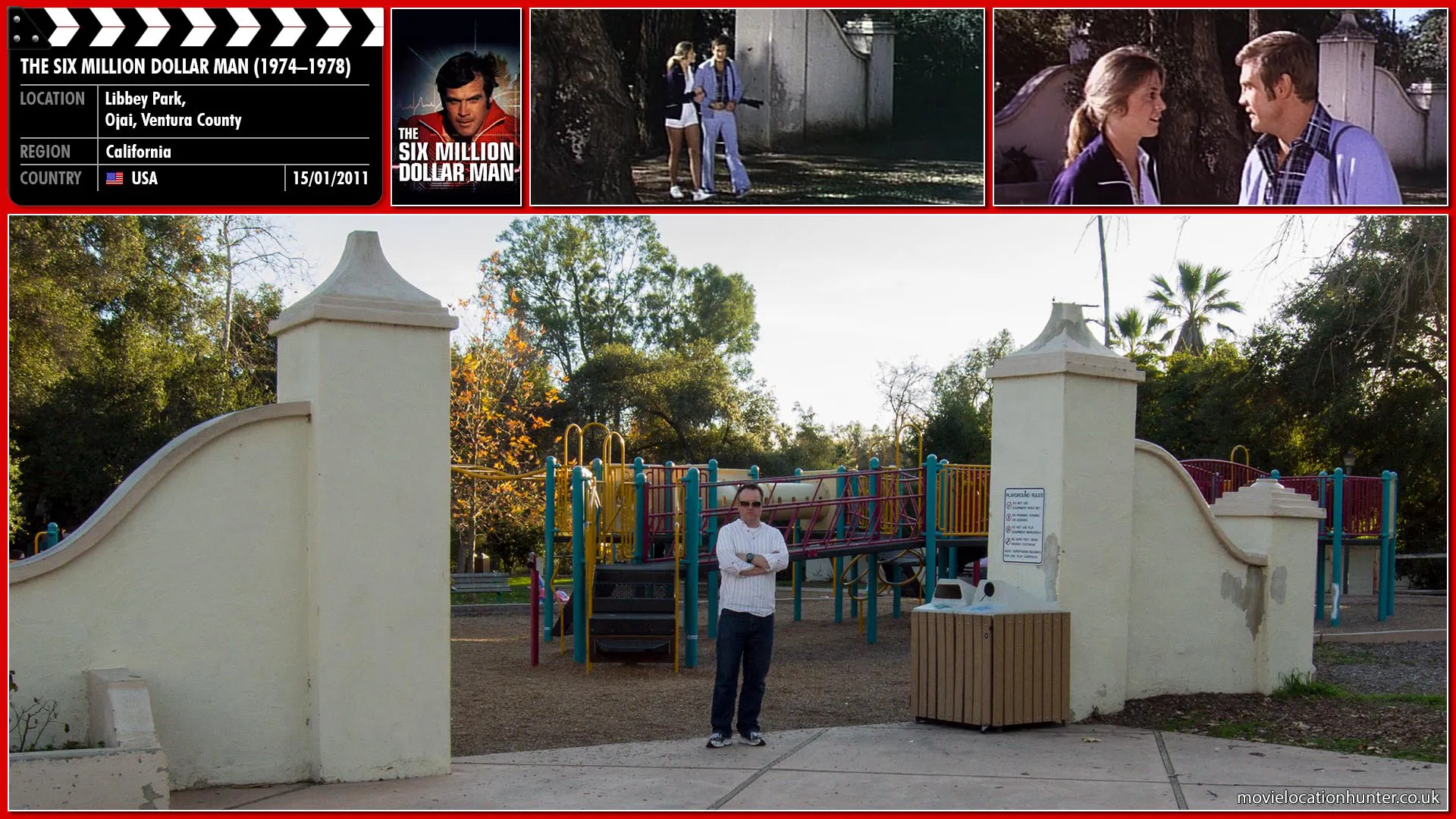 Filming location photo, shot in USA, for The Six Million Dollar Man (1974). Scene description: Steve (Lee Majors) tries to ask Jamie (Lindsay Wagner) out for pizza, Jaime declines—she can’t break her date but she asks Steve to please call her tomorrow and kisses him goodbye on the cheek.