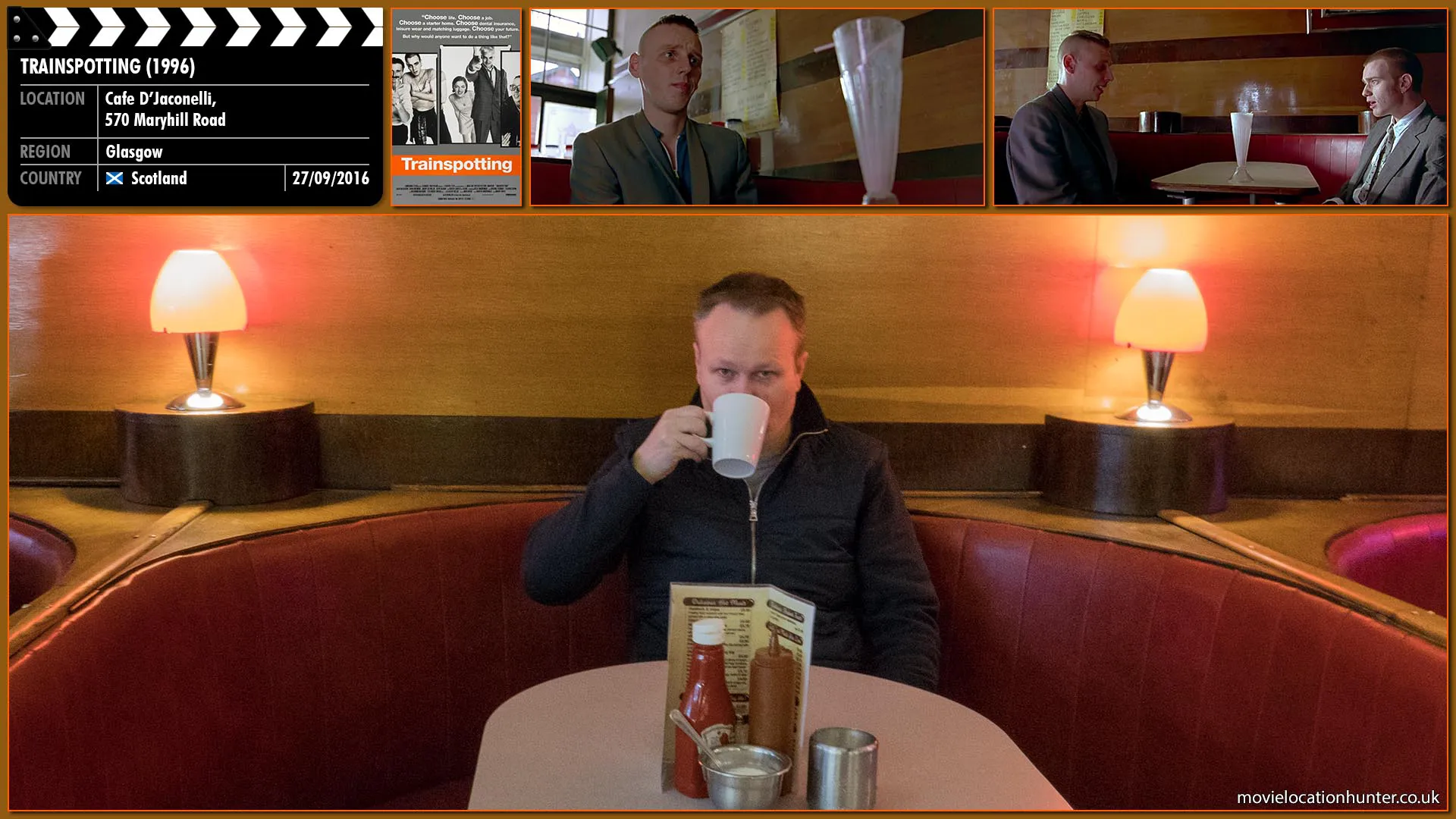 Filming location photo, shot in Scotland, for Trainspotting (1996). Scene description: Renton (Ewan McGregor) takes Spud (Ewen Bremner) for a milkshake before a job interview, but he ends up turning up high on speed.