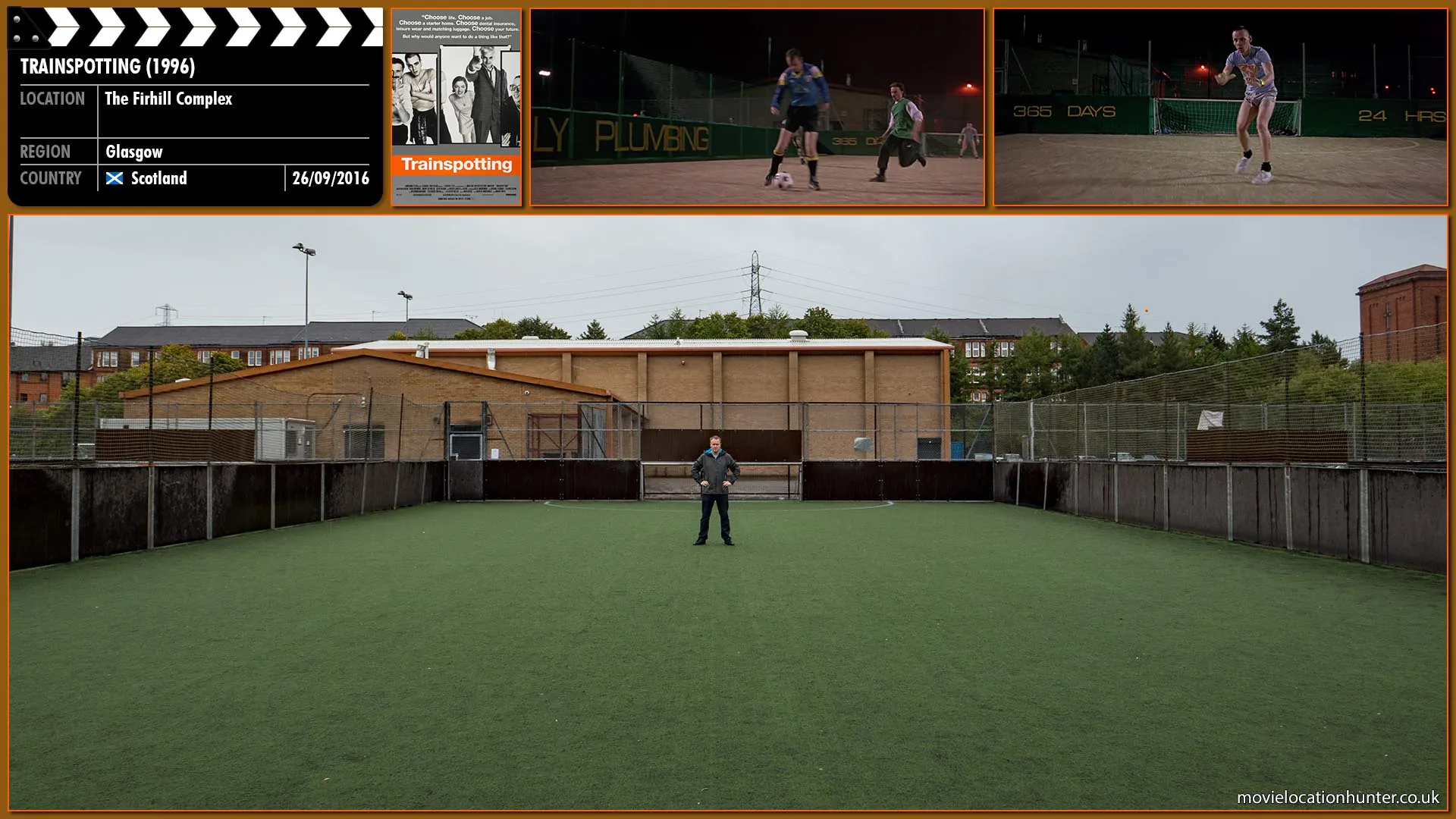 Filming location photo, shot in Scotland, for Trainspotting (1996). Scene description: Renton's (Ewan McGregor) close circle of football enthusiast friends are introduced: good-natured Spud (Ewen Bremner), con-artist Sick Boy (Jonny Lee Miller), clean-cut athlete Tommy (Kevin McKidd) and sociopath, Frank Begbie (Robert Carlyle).