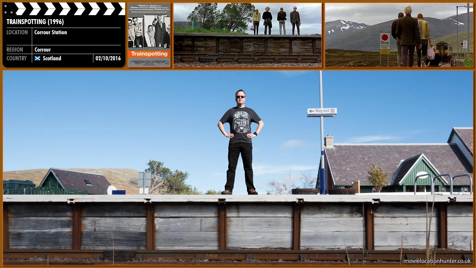 Filming location photo, shot in Scotland, for Trainspotting (1996). Scene description: Renton (Ewan McGregor), Spud (Ewen Bremner), Tommy (Kevin McKidd) and Sick Boy (Jonny Lee Miller) leave the hubbub of Edinburgh by taking the train to Rannoch Moor.