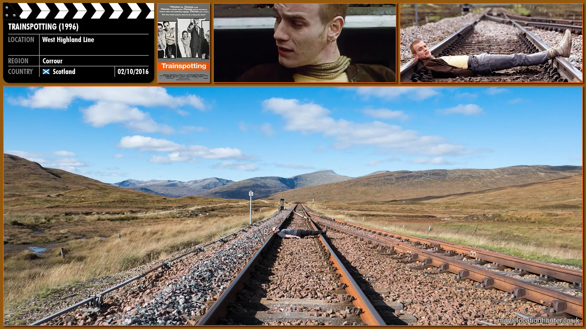 Filming location photo, shot in Scotland, for Trainspotting (1996). Scene description: Spud (Ewen Bremner), Tommy (Kevin McKidd) and Sick Boy (Jonny Lee Miller) tie Renton (Ewan McGregor) to the track and run off. This scene was never used in the movie but instead in the teaser trailer.