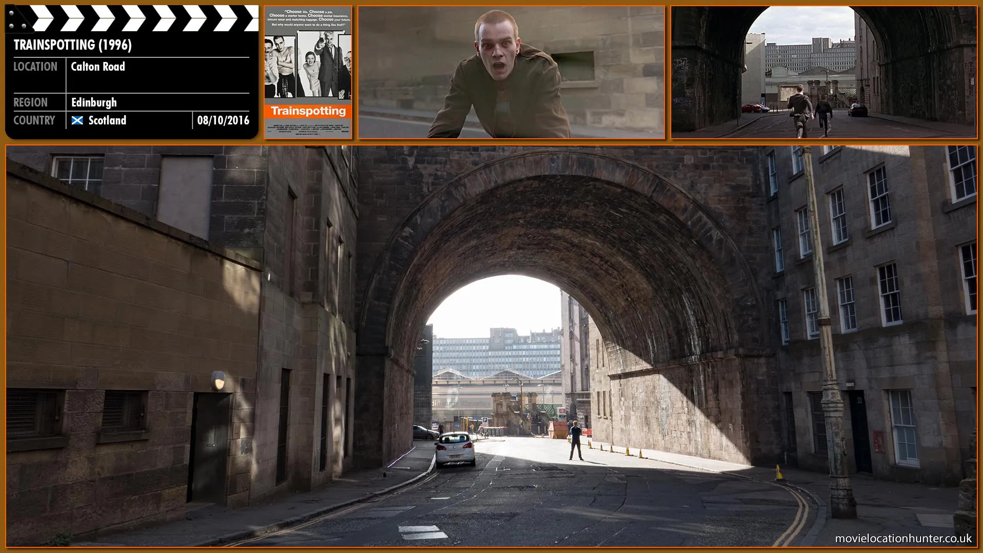 Filming location photo, shot in Scotland, for Trainspotting (1996). Scene description: Spud (Ewen Bremner) sprints by him with security guards in toe.  Renton (Ewan McGregor) gets to his feet and places both hands on the bonnet and laughs at the driver.  He is then rugby tackled to the ground by one of the security guards.